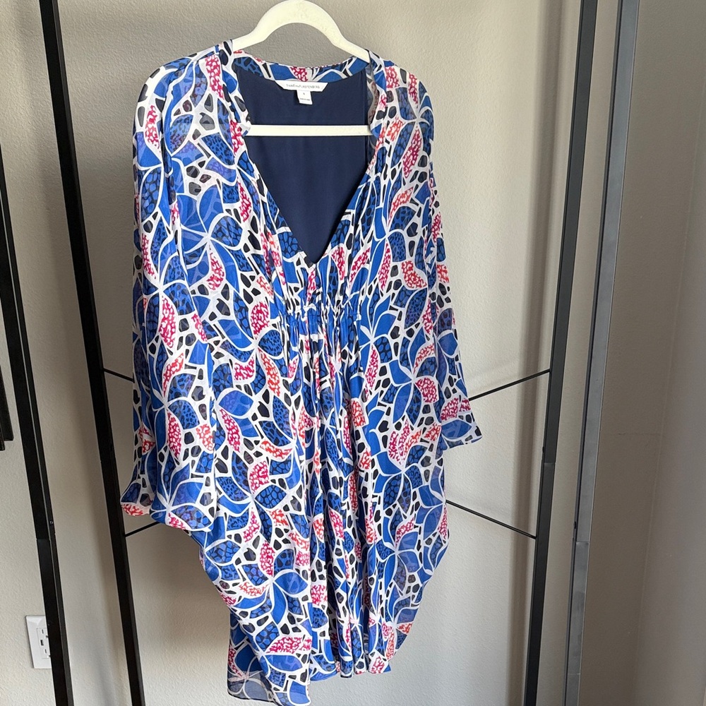 Diane Von Furstenberg Blue and Red Leaf Print Dress